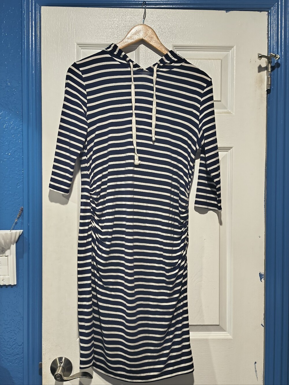 Heart Hips Striped Ruched Hoodie Dress Blue White Short Sleeve Cozy Casual SizeL